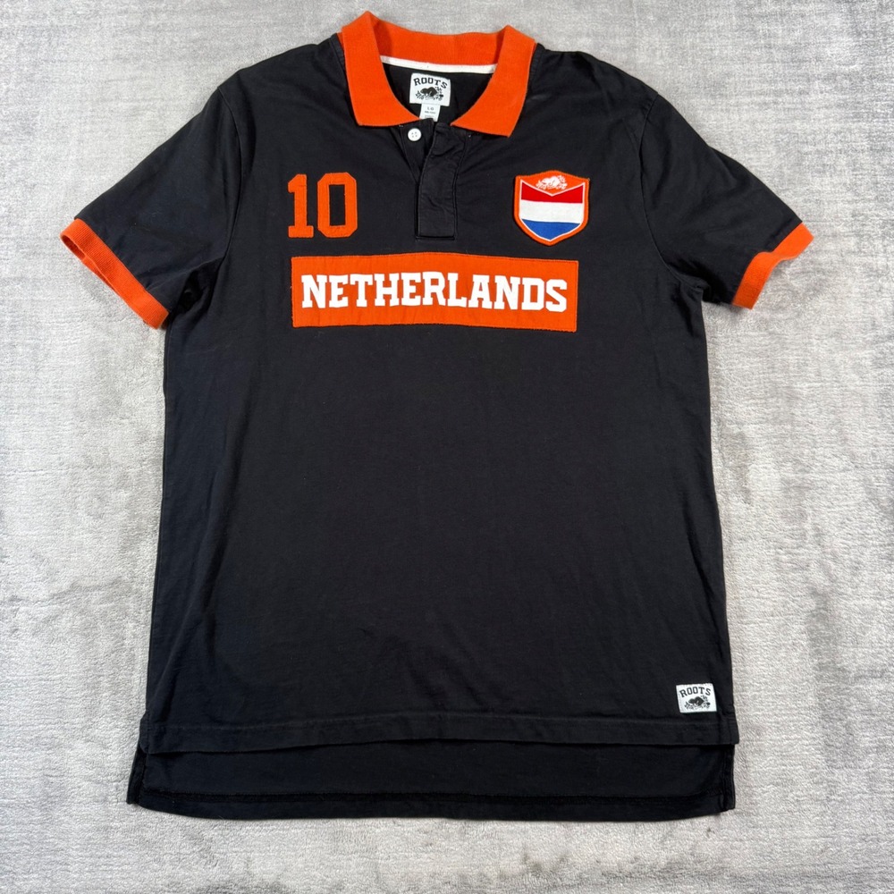 Roots Netherlands Shirt Mens Large Black Soccer Polo Football Dutch Flag Patch